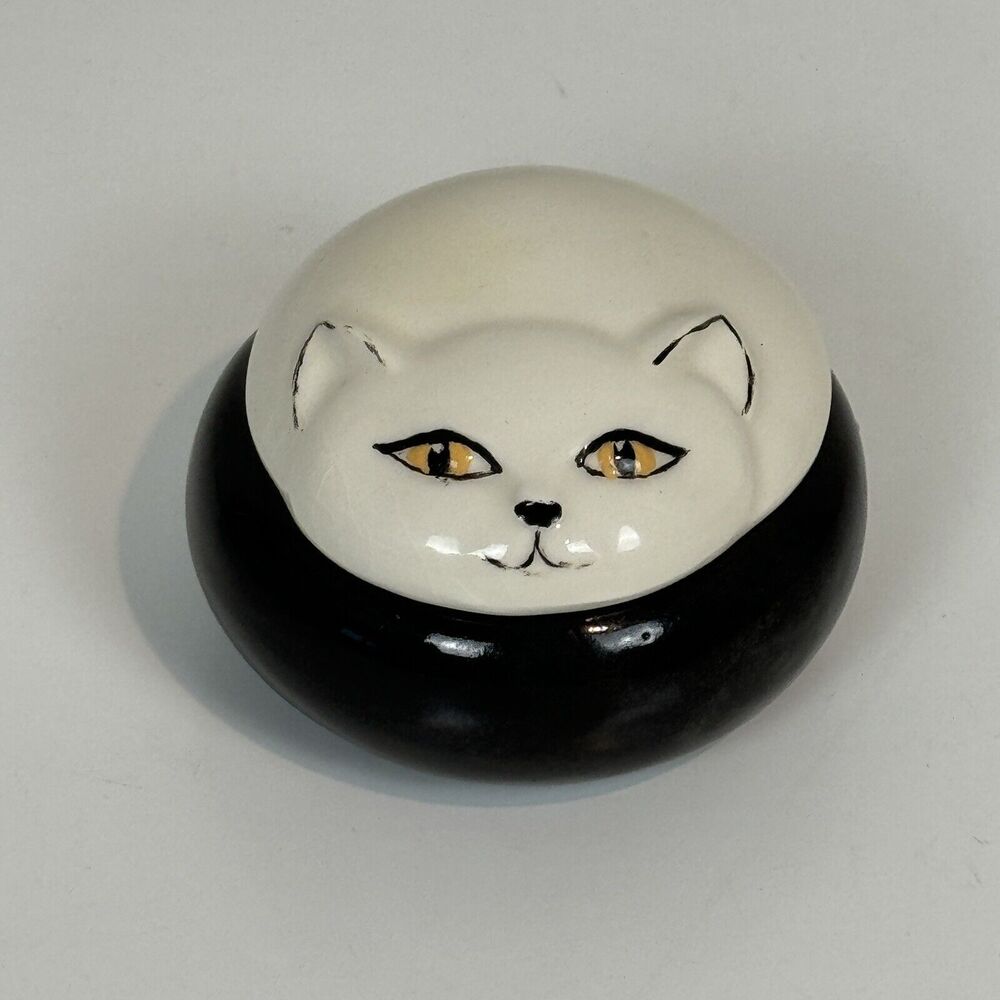 Vintage Black & White Cat Lidded Porcelain Trinket Dish